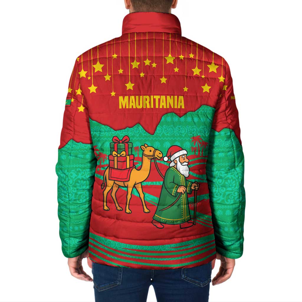 Mauritania Christmas Padded Jacket with Santa Claus Camel Gift Boxes Starry Sky and Desert Pattern Design - Wonder Print Shop
