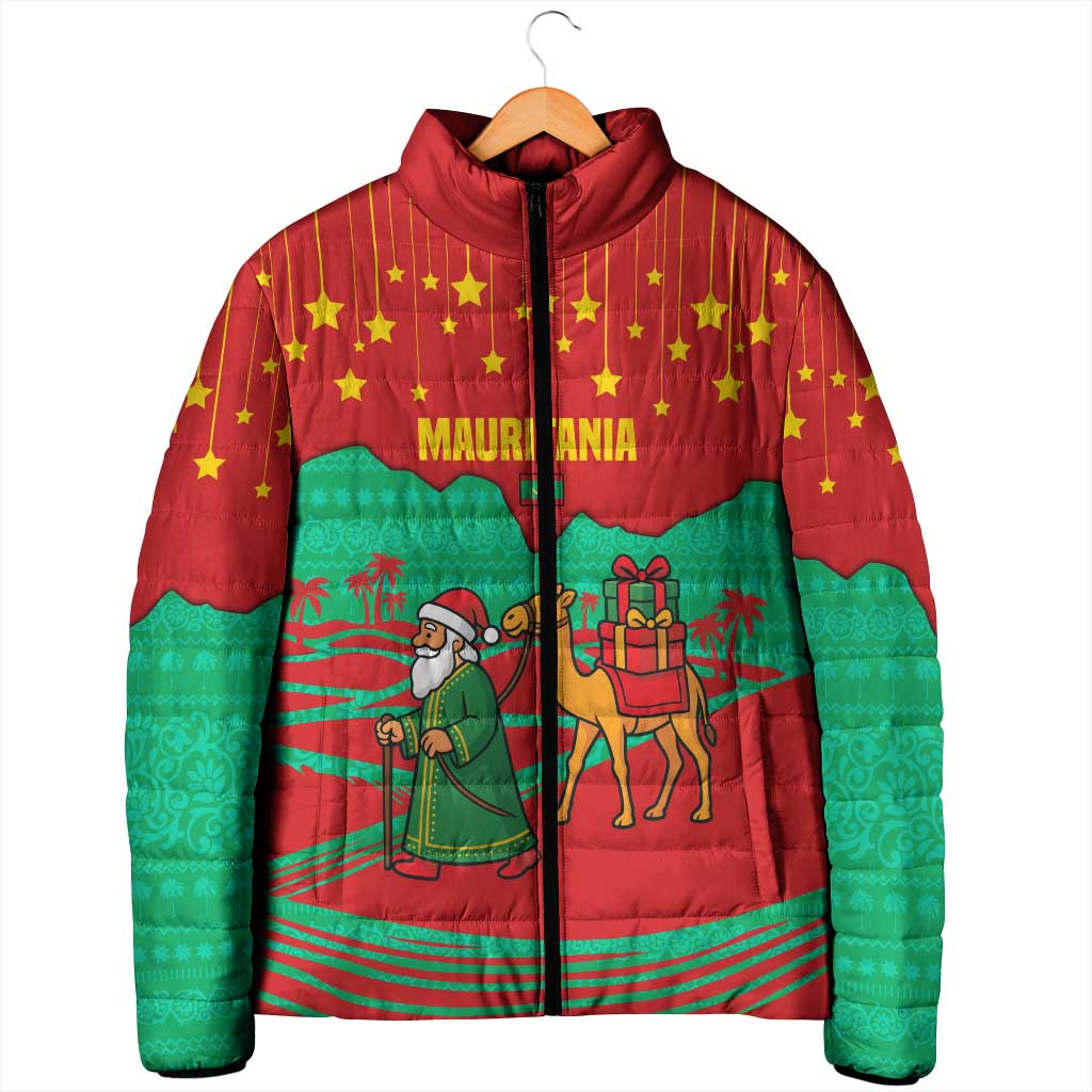 Mauritania Christmas Padded Jacket with Santa Claus Camel Gift Boxes Starry Sky and Desert Pattern Design - Wonder Print Shop