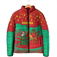 Mauritania Christmas Padded Jacket with Santa Claus Camel Gift Boxes Starry Sky and Desert Pattern Design - Wonder Print Shop