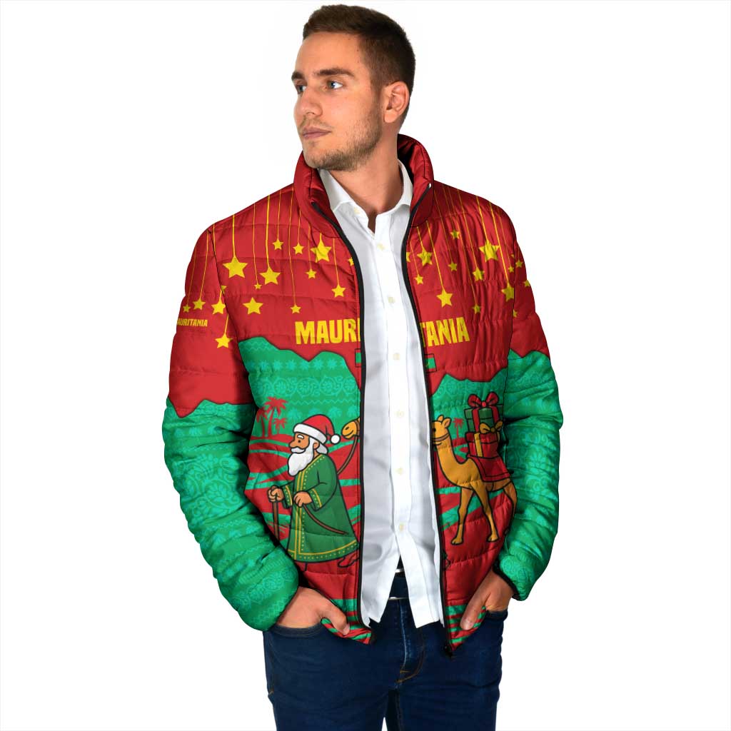Mauritania Christmas Padded Jacket with Santa Claus Camel Gift Boxes Starry Sky and Desert Pattern Design - Wonder Print Shop