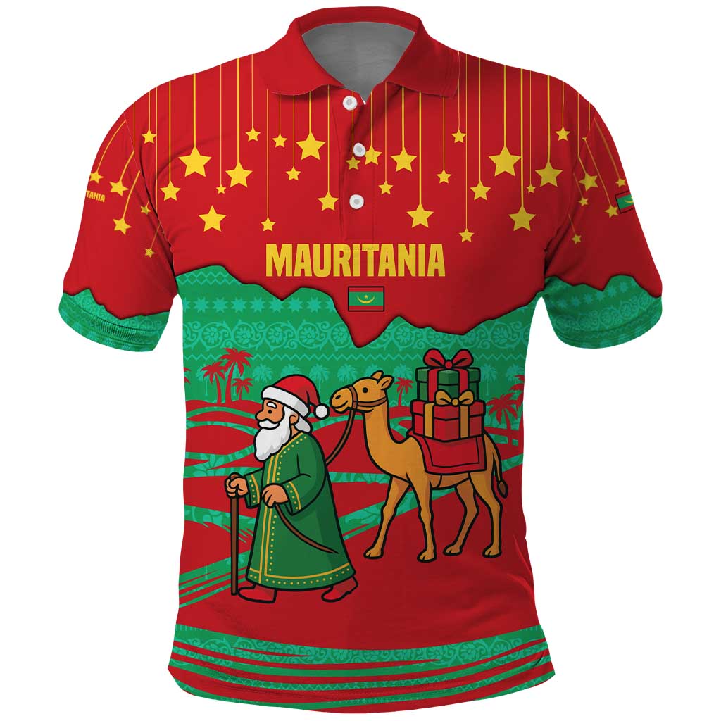 Mauritania Christmas Polo Shirt with Santa Claus Camel Gift Boxes Starry Sky and Desert Pattern Design - Wonder Print Shop