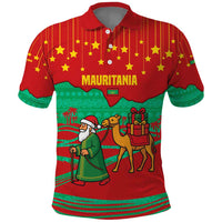 Mauritania Christmas Polo Shirt with Santa Claus Camel Gift Boxes Starry Sky and Desert Pattern Design - Wonder Print Shop