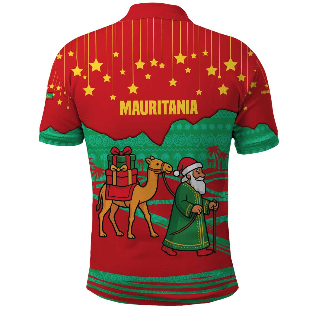 Mauritania Christmas Polo Shirt with Santa Claus Camel Gift Boxes Starry Sky and Desert Pattern Design - Wonder Print Shop