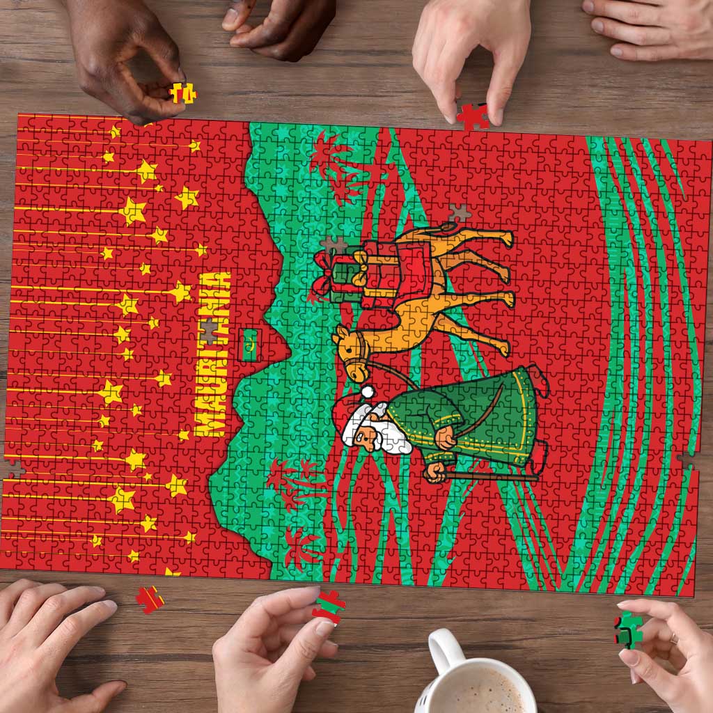 Mauritania Christmas Puzzle with Santa Claus Camel Gift Boxes Starry Sky and Desert Pattern Design - Wonder Print Shop