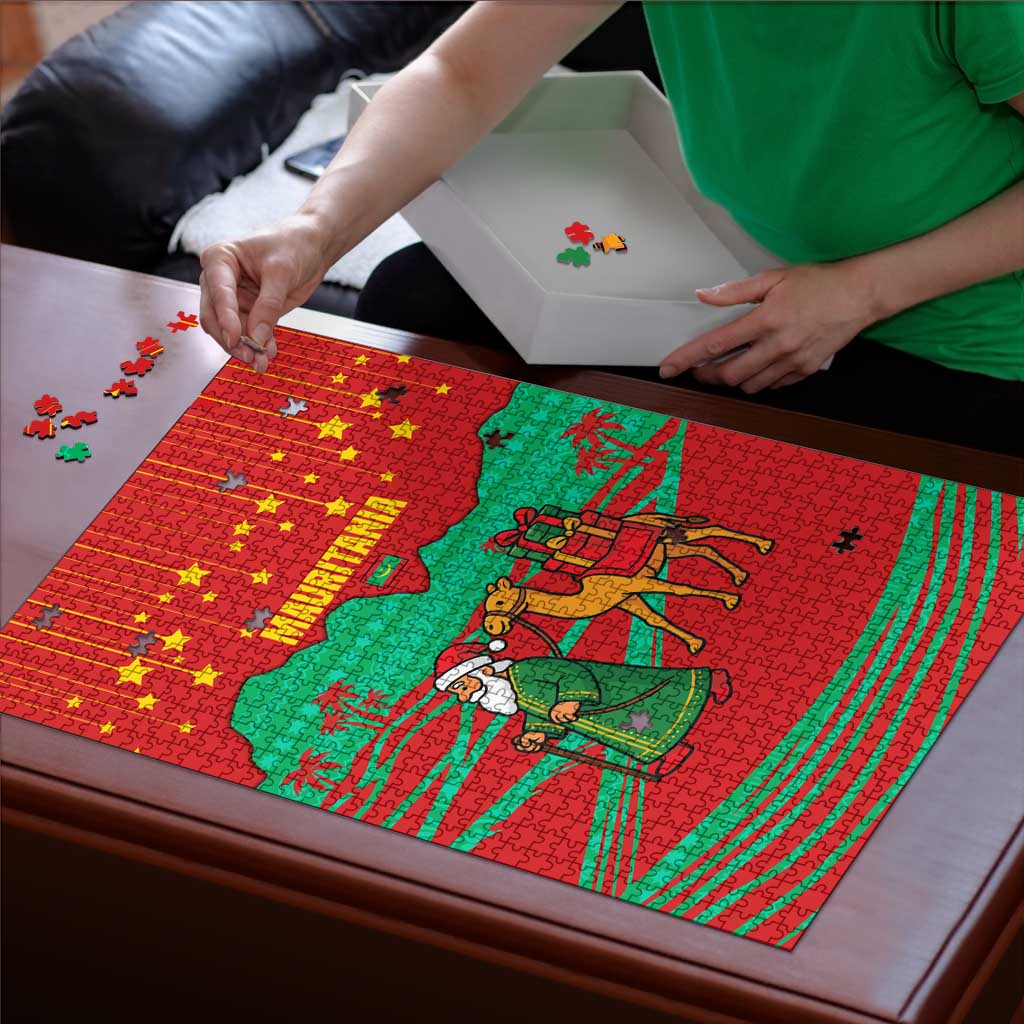 Mauritania Christmas Puzzle with Santa Claus Camel Gift Boxes Starry Sky and Desert Pattern Design - Wonder Print Shop