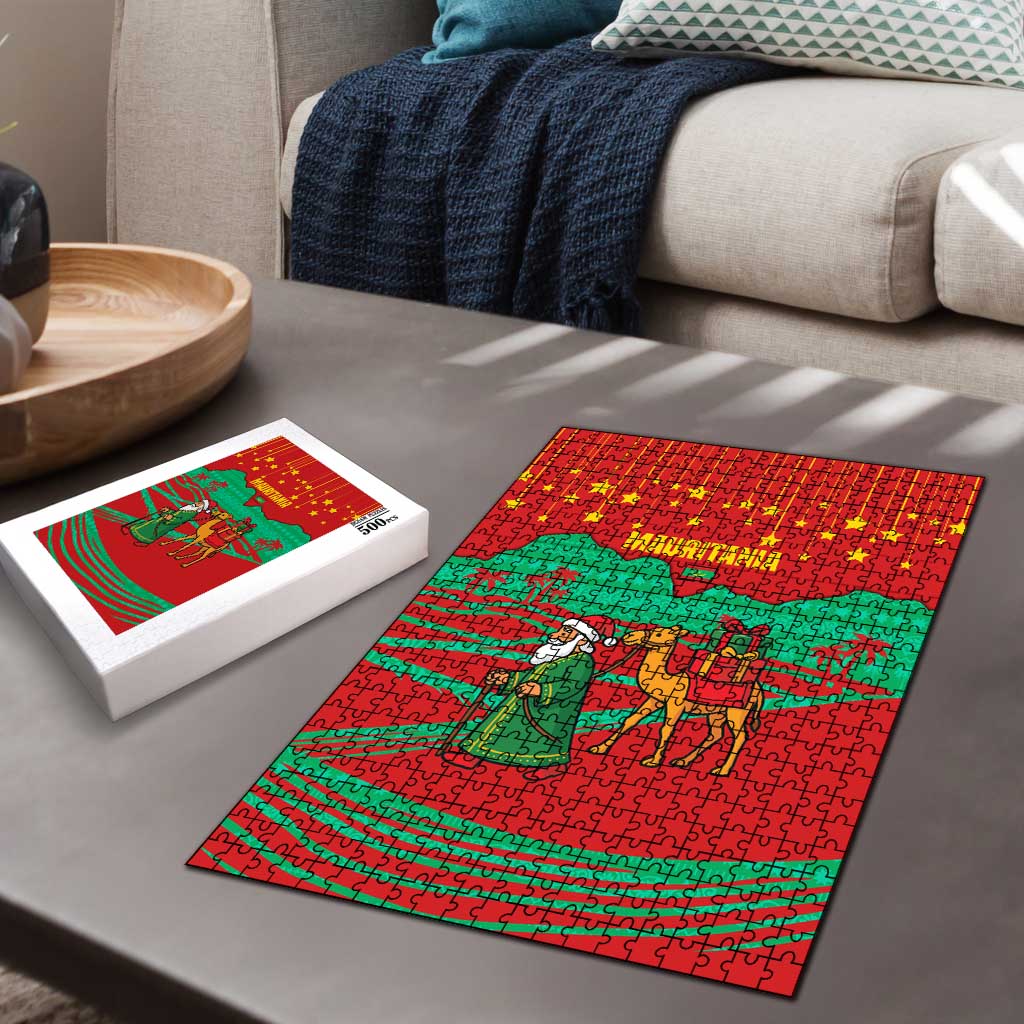 Mauritania Christmas Puzzle with Santa Claus Camel Gift Boxes Starry Sky and Desert Pattern Design - Wonder Print Shop