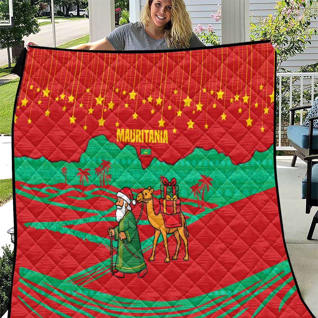 Mauritania Christmas Quilt with Santa Claus Camel Gift Boxes Starry Sky and Desert Pattern Design - Wonder Print Shop