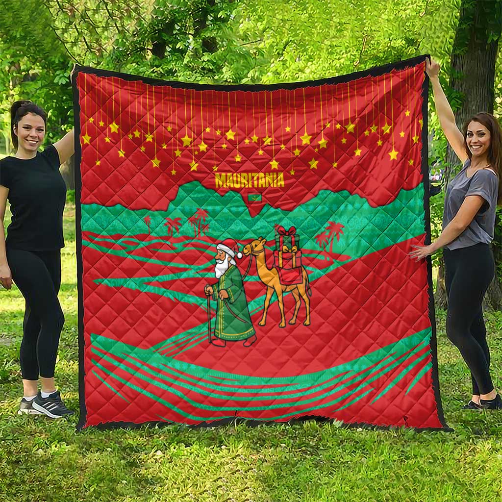 Mauritania Christmas Quilt with Santa Claus Camel Gift Boxes Starry Sky and Desert Pattern Design - Wonder Print Shop