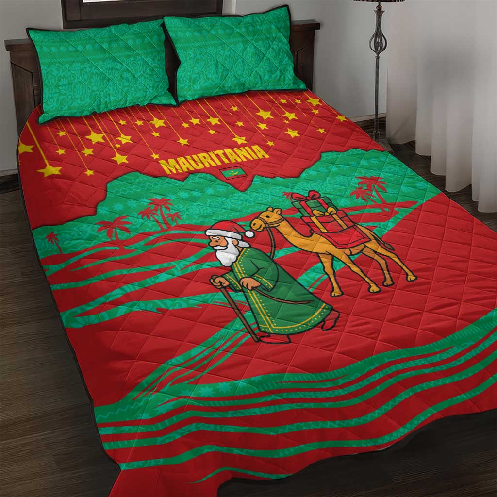 Mauritania Christmas Quilt Bed Set with Santa Claus Camel Gift Boxes Starry Sky and Desert Pattern Design - Wonder Print Shop