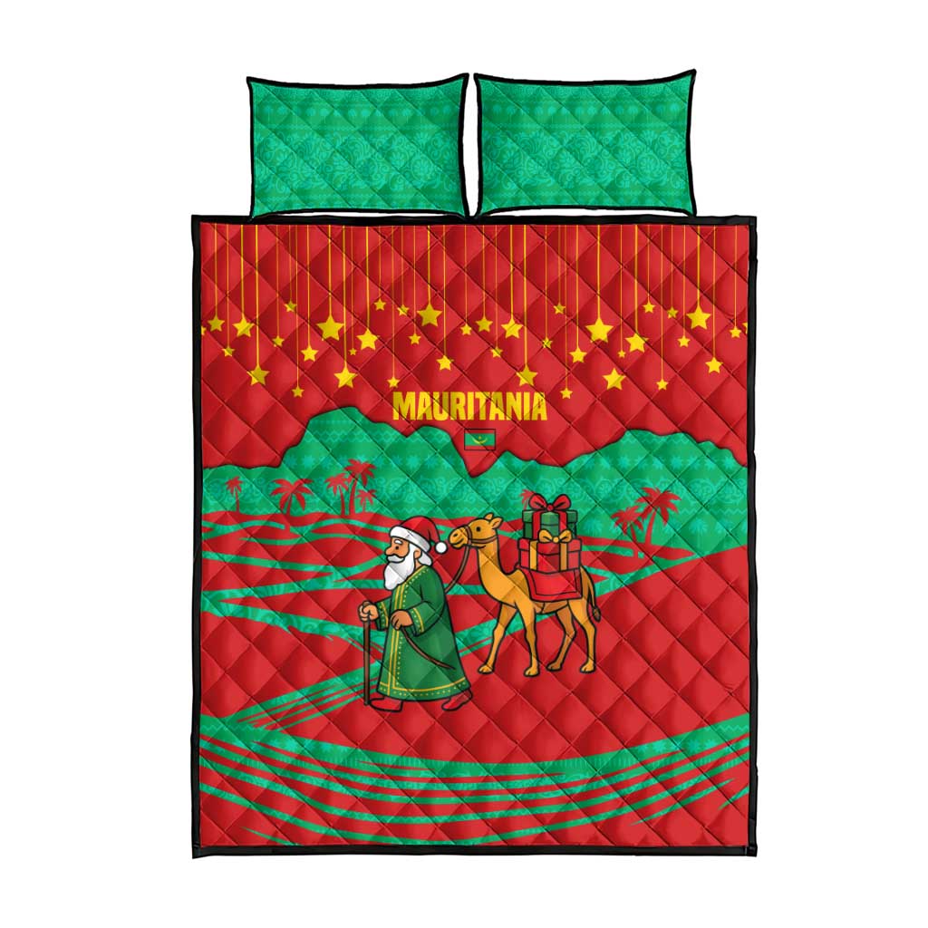 Mauritania Christmas Quilt Bed Set with Santa Claus Camel Gift Boxes Starry Sky and Desert Pattern Design - Wonder Print Shop