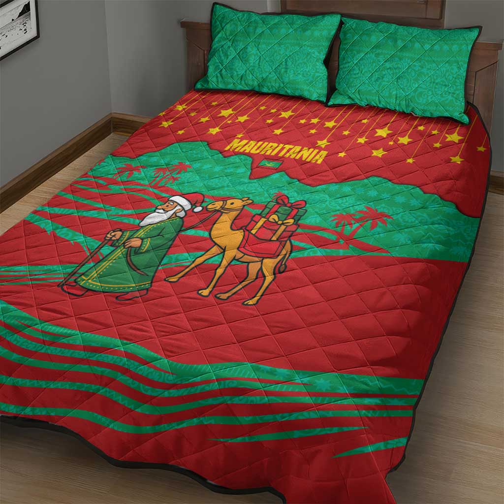 Mauritania Christmas Quilt Bed Set with Santa Claus Camel Gift Boxes Starry Sky and Desert Pattern Design - Wonder Print Shop