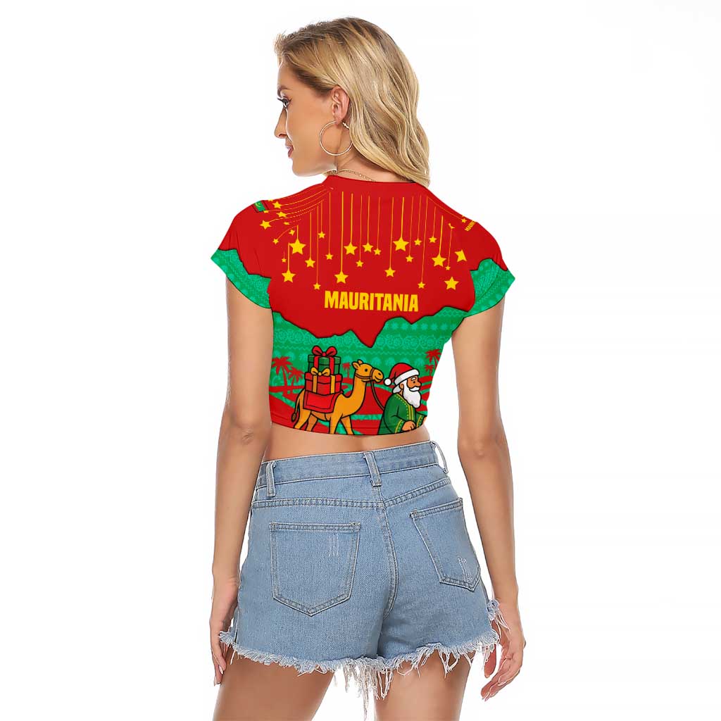 Mauritania Christmas Raglan Cropped T Shirt with Santa Claus Camel Gift Boxes Starry Sky and Desert Pattern Design - Wonder Print Shop