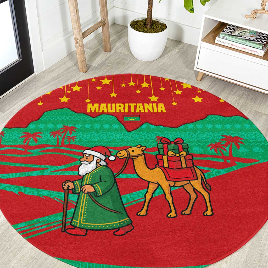 Mauritania Christmas Round Carpet with Santa Claus Camel Gift Boxes Starry Sky and Desert Pattern Design - Wonder Print Shop