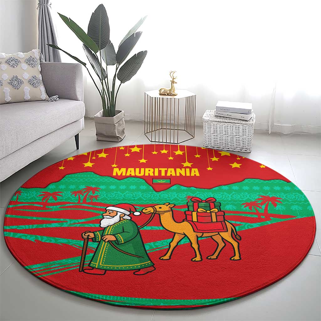 Mauritania Christmas Round Carpet with Santa Claus Camel Gift Boxes Starry Sky and Desert Pattern Design - Wonder Print Shop