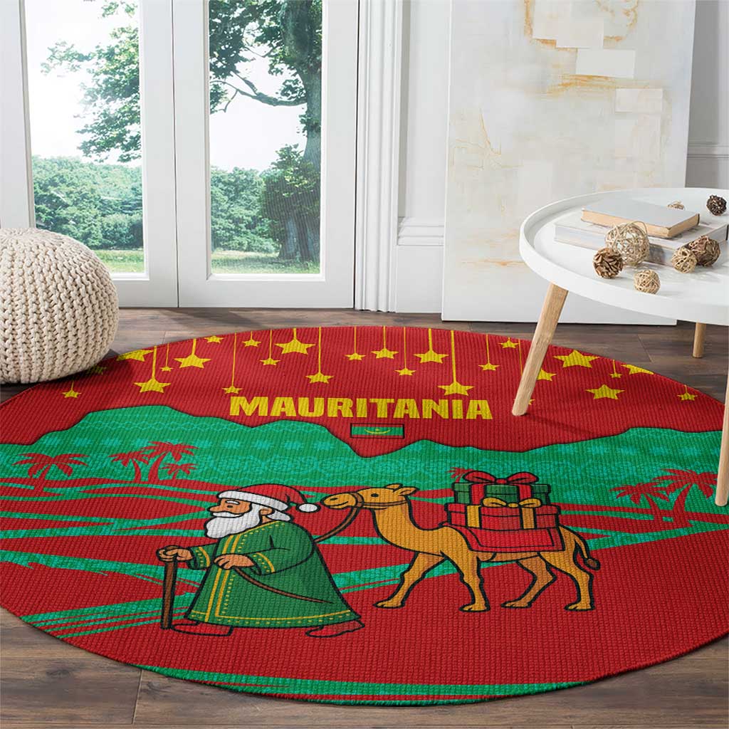 Mauritania Christmas Round Carpet with Santa Claus Camel Gift Boxes Starry Sky and Desert Pattern Design - Wonder Print Shop