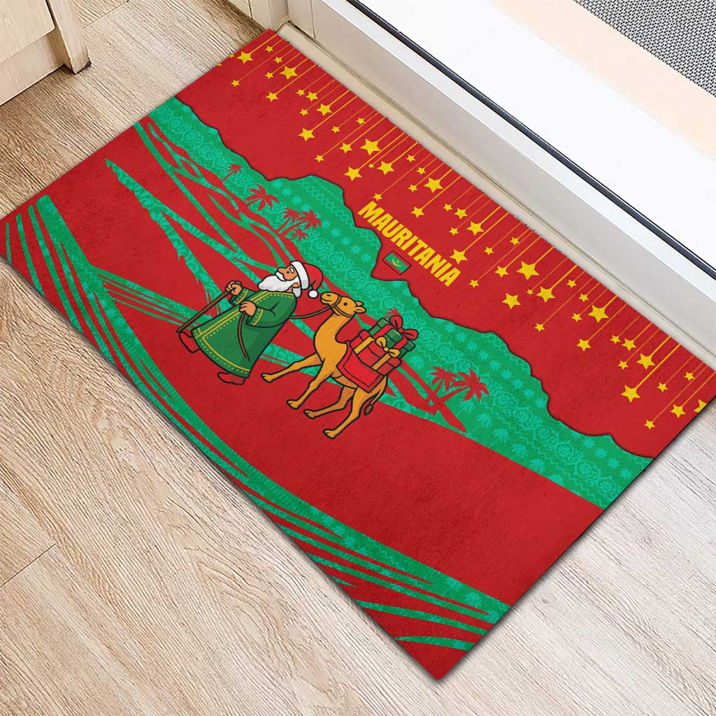 Mauritania Christmas Rubber Doormat with Santa Claus Camel Gift Boxes Starry Sky and Desert Pattern Design - Wonder Print Shop