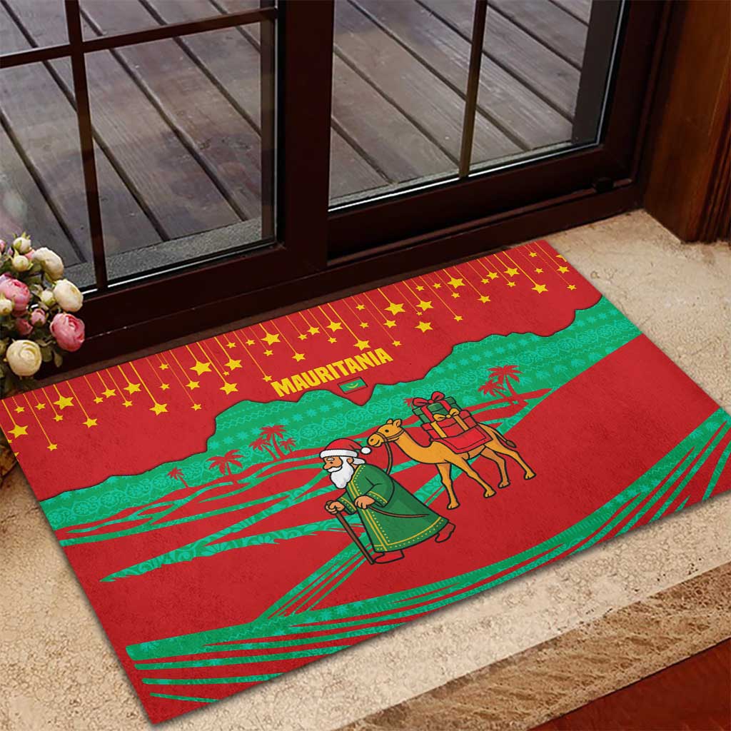 Mauritania Christmas Rubber Doormat with Santa Claus Camel Gift Boxes Starry Sky and Desert Pattern Design - Wonder Print Shop