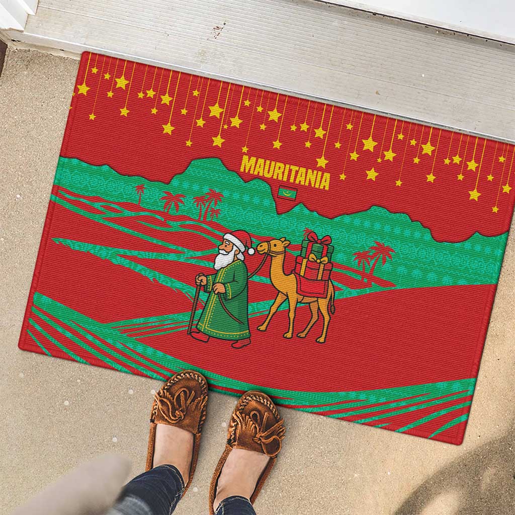 Mauritania Christmas Rubber Doormat with Santa Claus Camel Gift Boxes Starry Sky and Desert Pattern Design - Wonder Print Shop