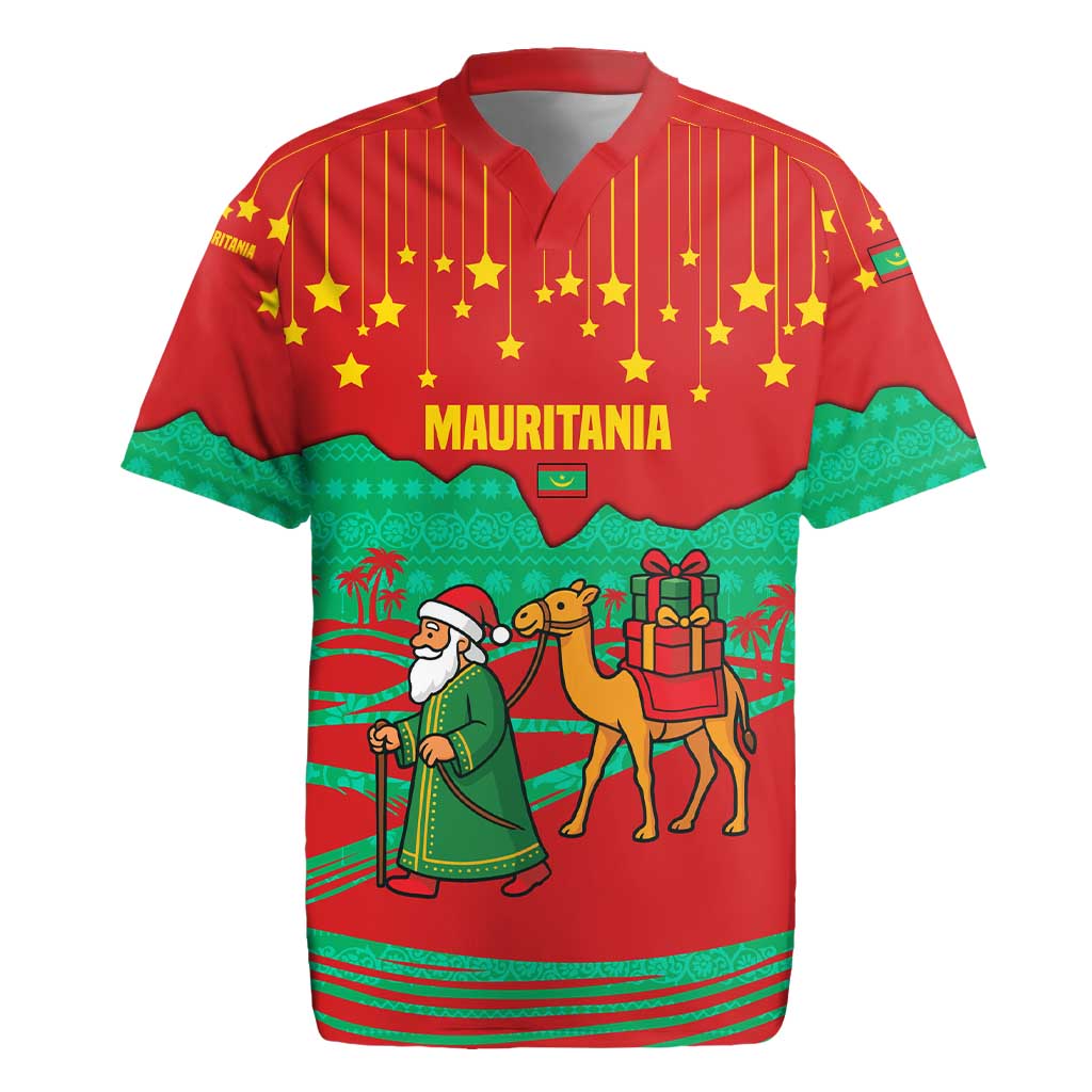 Mauritania Christmas Rugby Jersey with Santa Claus Camel Gift Boxes Starry Sky and Desert Pattern Design - Wonder Print Shop