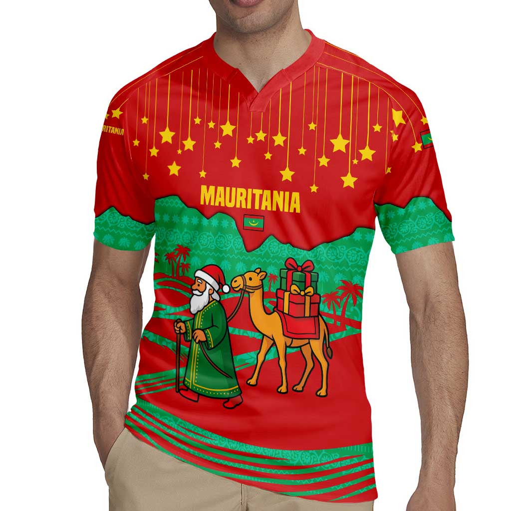 Mauritania Christmas Rugby Jersey with Santa Claus Camel Gift Boxes Starry Sky and Desert Pattern Design - Wonder Print Shop