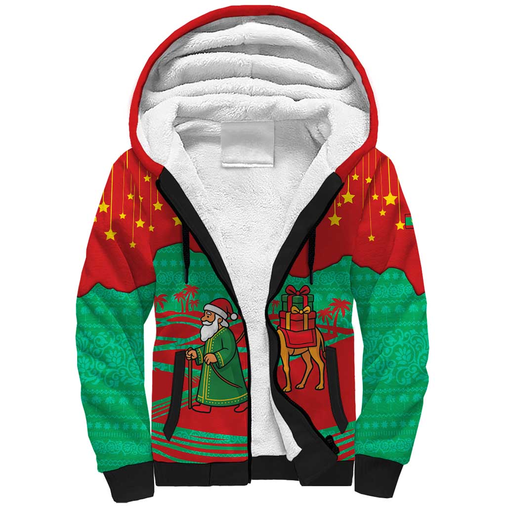 Mauritania Christmas Sherpa Hoodie with Santa Claus Camel Gift Boxes Starry Sky and Desert Pattern Design - Wonder Print Shop