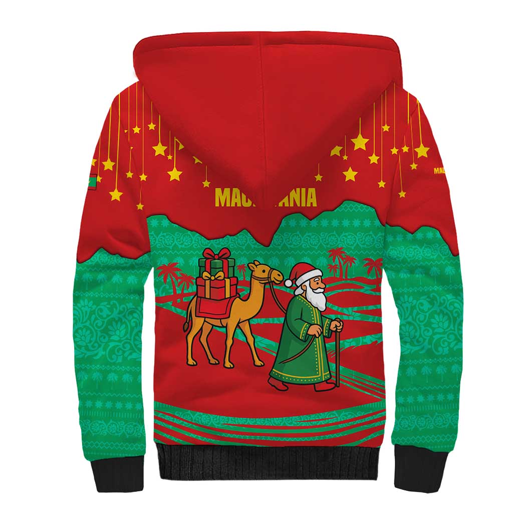 Mauritania Christmas Sherpa Hoodie with Santa Claus Camel Gift Boxes Starry Sky and Desert Pattern Design - Wonder Print Shop