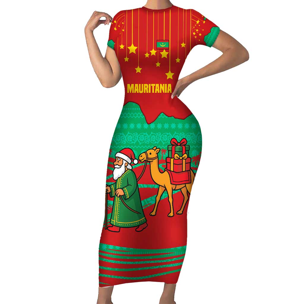 Mauritania Christmas Short Sleeve Bodycon Dress with Santa Claus Camel Gift Boxes Starry Sky and Desert Pattern Design - Wonder Print Shop