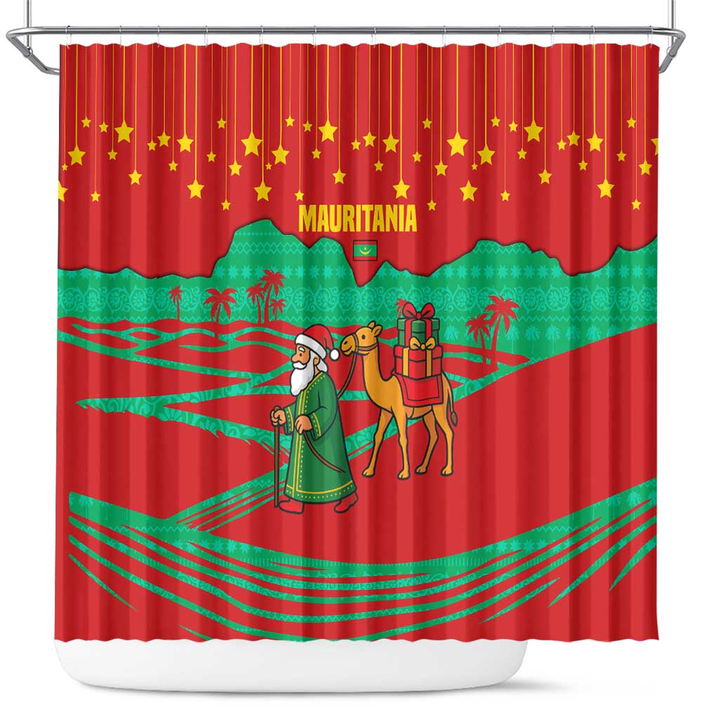 Mauritania Christmas Shower Curtain with Santa Claus Camel Gift Boxes Starry Sky and Desert Pattern Design - Wonder Print Shop