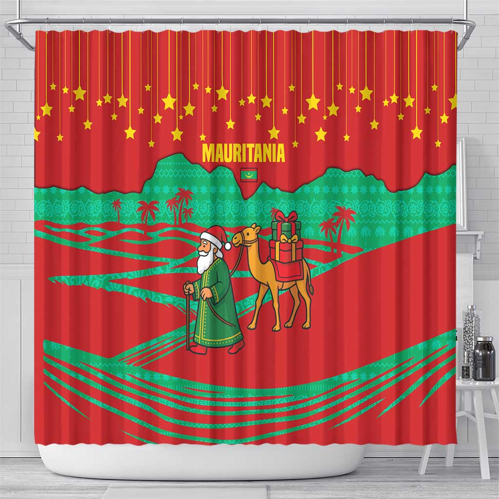 Mauritania Christmas Shower Curtain with Santa Claus Camel Gift Boxes Starry Sky and Desert Pattern Design - Wonder Print Shop
