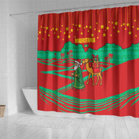 Mauritania Christmas Shower Curtain with Santa Claus Camel Gift Boxes Starry Sky and Desert Pattern Design - Wonder Print Shop