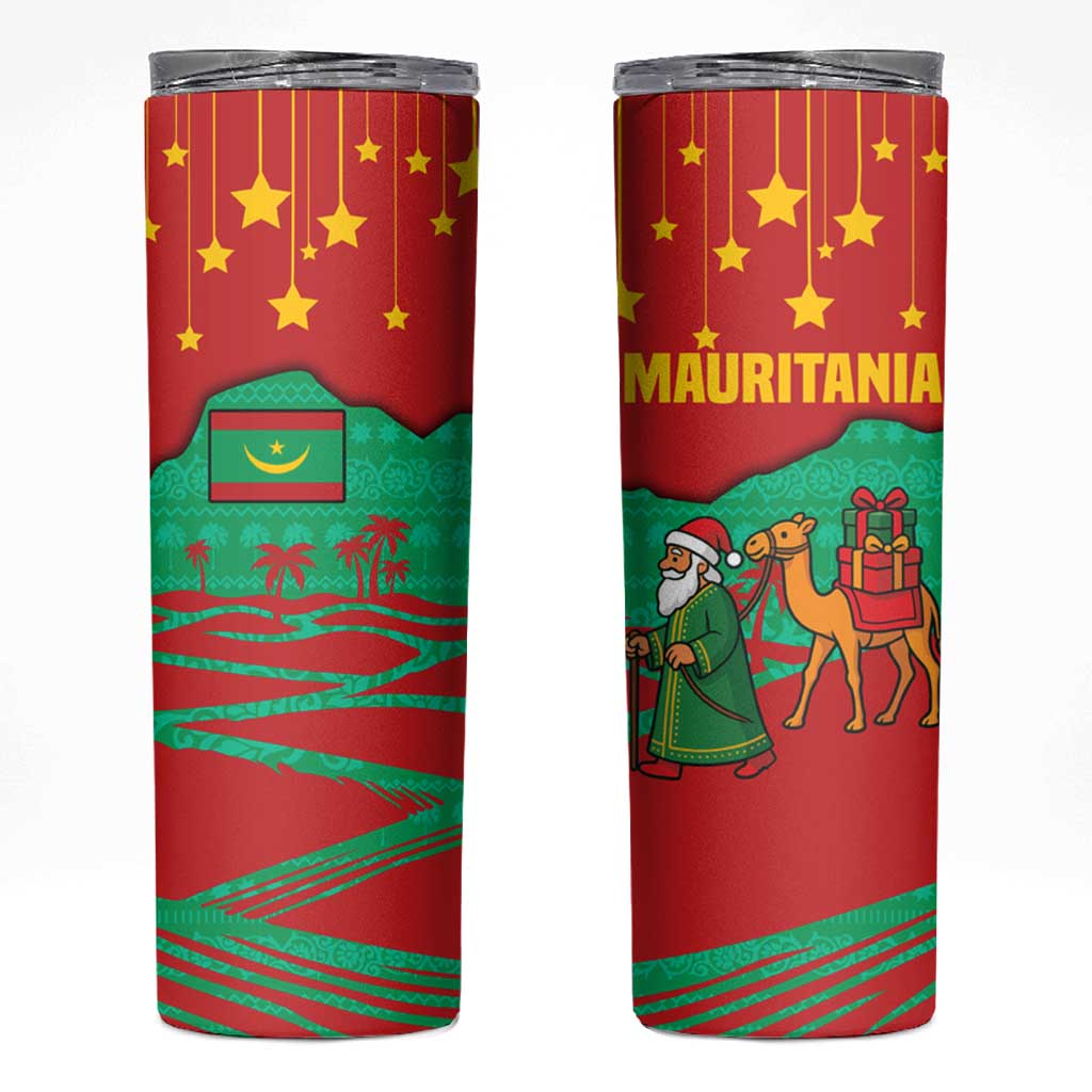 Mauritania Christmas Skinny Tumbler with Santa Claus Camel Gift Boxes Starry Sky and Desert Pattern Design - Wonder Print Shop