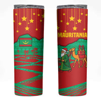 Mauritania Christmas Skinny Tumbler with Santa Claus Camel Gift Boxes Starry Sky and Desert Pattern Design - Wonder Print Shop