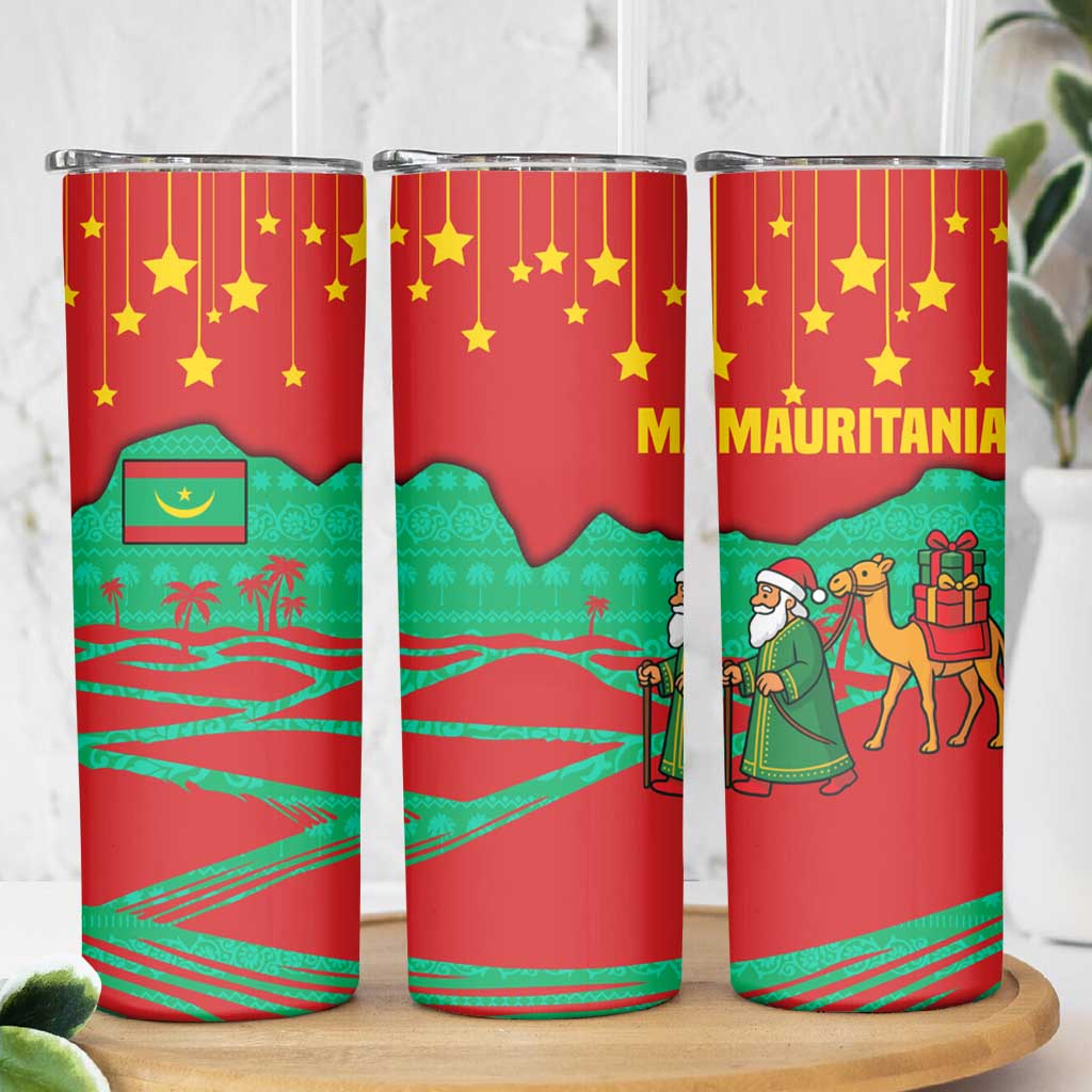 Mauritania Christmas Skinny Tumbler with Santa Claus Camel Gift Boxes Starry Sky and Desert Pattern Design - Wonder Print Shop