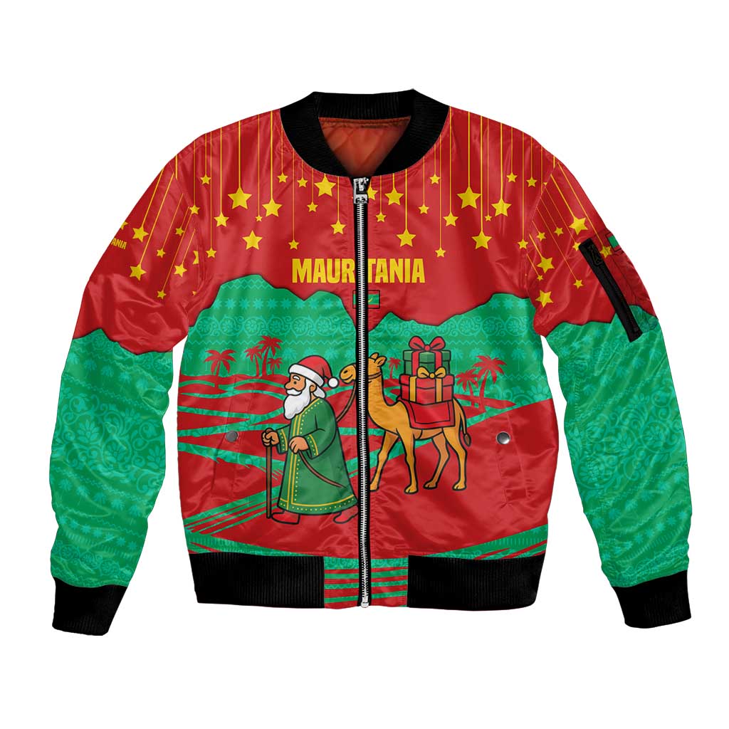 Mauritania Christmas Sleeve Zip Bomber Jacket with Santa Claus Camel Gift Boxes Starry Sky and Desert Pattern Design - Wonder Print Shop
