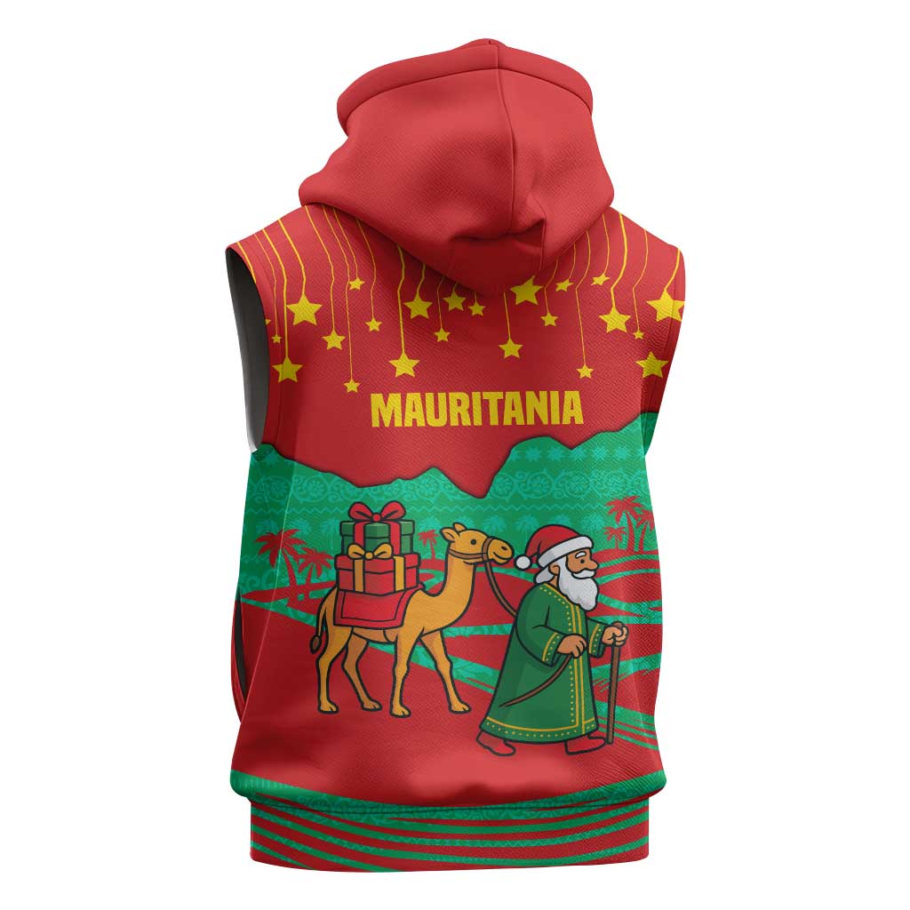 Mauritania Christmas Sleeveless Hoodie with Santa Claus Camel Gift Boxes Starry Sky and Desert Pattern Design - Wonder Print Shop