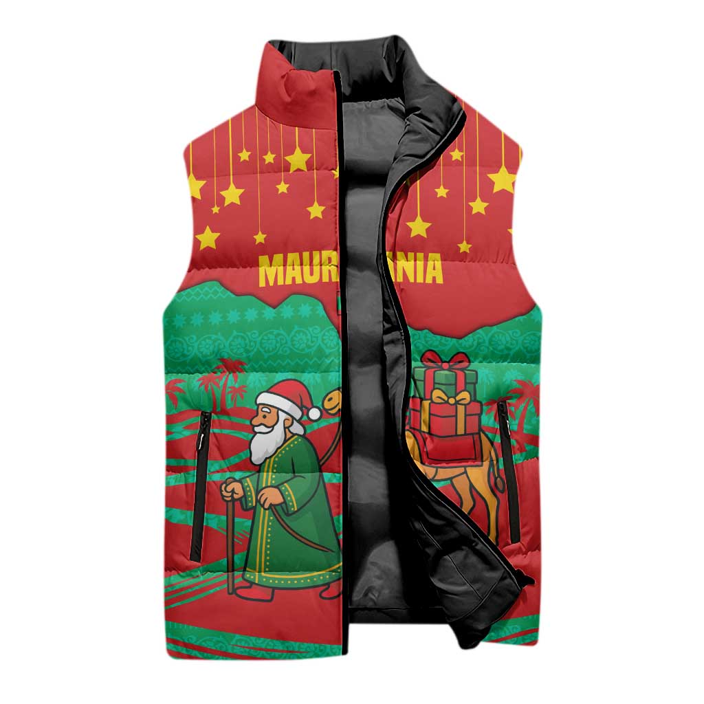 Mauritania Christmas Sleeveless Puffer Jacket with Santa Claus Camel Gift Boxes Starry Sky and Desert Pattern Design - Wonder Print Shop