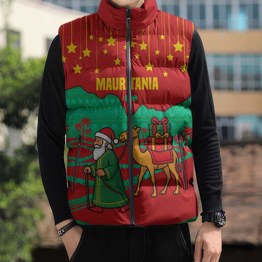 Mauritania Christmas Sleeveless Puffer Jacket with Santa Claus Camel Gift Boxes Starry Sky and Desert Pattern Design - Wonder Print Shop