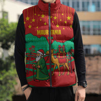 Mauritania Christmas Sleeveless Puffer Jacket with Santa Claus Camel Gift Boxes Starry Sky and Desert Pattern Design - Wonder Print Shop