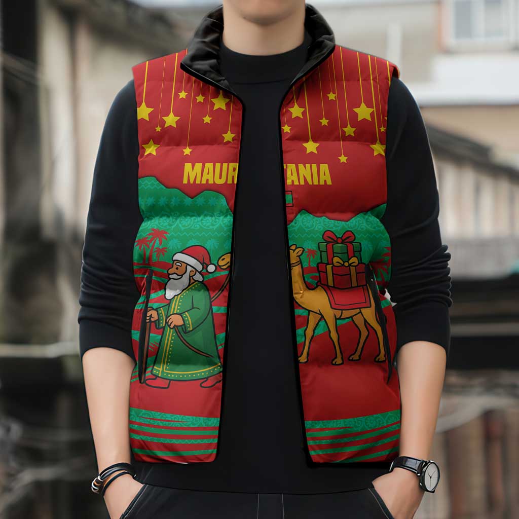 Mauritania Christmas Sleeveless Puffer Jacket with Santa Claus Camel Gift Boxes Starry Sky and Desert Pattern Design - Wonder Print Shop