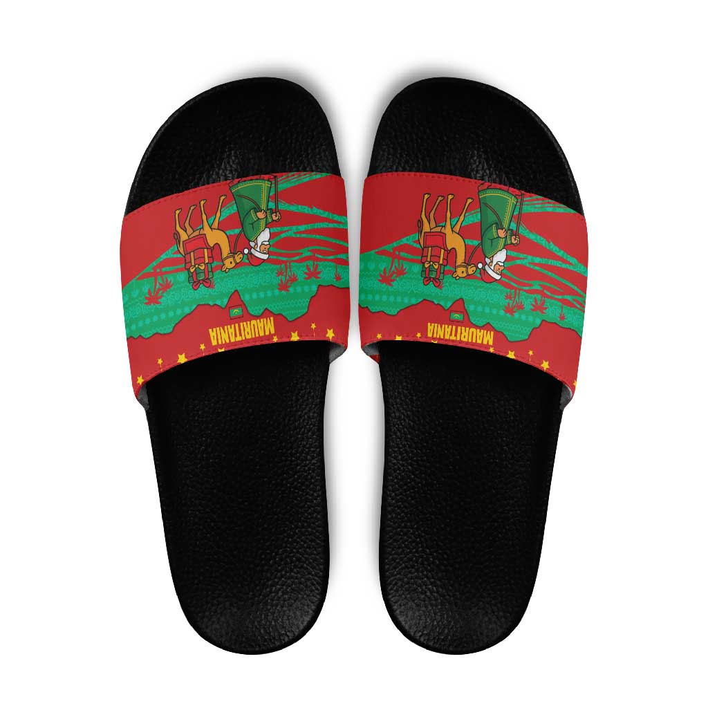 Mauritania Christmas Slide Sandals with Santa Claus Camel Gift Boxes Starry Sky and Desert Pattern Design - Wonder Print Shop