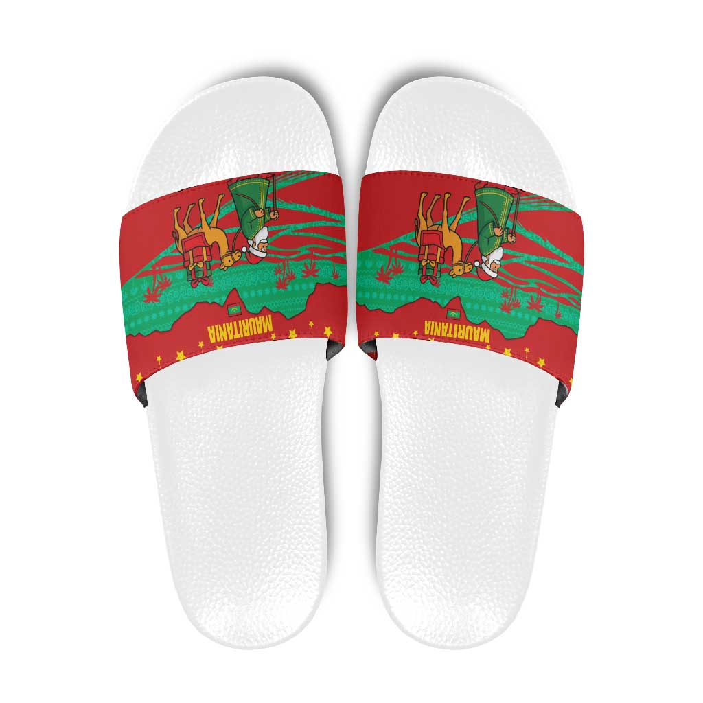Mauritania Christmas Slide Sandals with Santa Claus Camel Gift Boxes Starry Sky and Desert Pattern Design - Wonder Print Shop