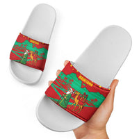 Mauritania Christmas Slide Sandals with Santa Claus Camel Gift Boxes Starry Sky and Desert Pattern Design - Wonder Print Shop