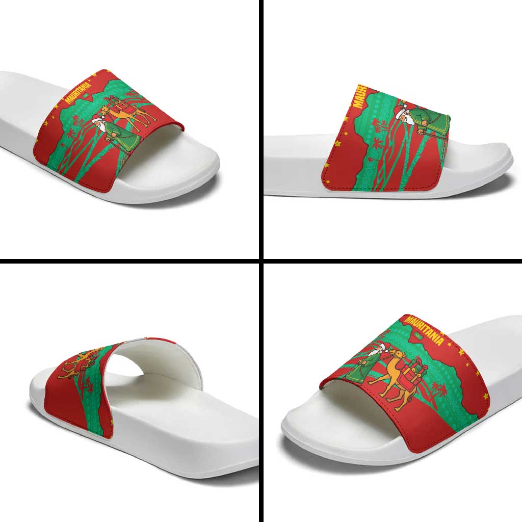 Mauritania Christmas Slide Sandals with Santa Claus Camel Gift Boxes Starry Sky and Desert Pattern Design - Wonder Print Shop
