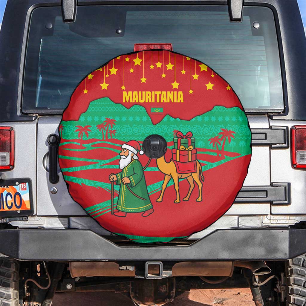 Mauritania Christmas Spare Tire Cover with Santa Claus Camel Gift Boxes Starry Sky and Desert Pattern Design - Wonder Print Shop