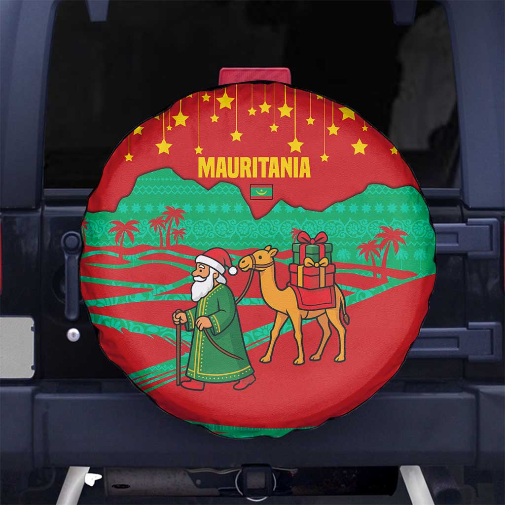 Mauritania Christmas Spare Tire Cover with Santa Claus Camel Gift Boxes Starry Sky and Desert Pattern Design - Wonder Print Shop