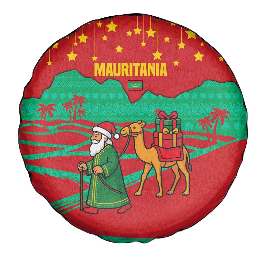Mauritania Christmas Spare Tire Cover with Santa Claus Camel Gift Boxes Starry Sky and Desert Pattern Design - Wonder Print Shop