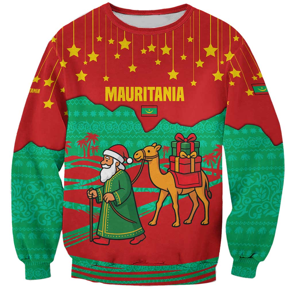 Mauritania Christmas Sweatshirt with Santa Claus Camel Gift Boxes Starry Sky and Desert Pattern Design - Wonder Print Shop