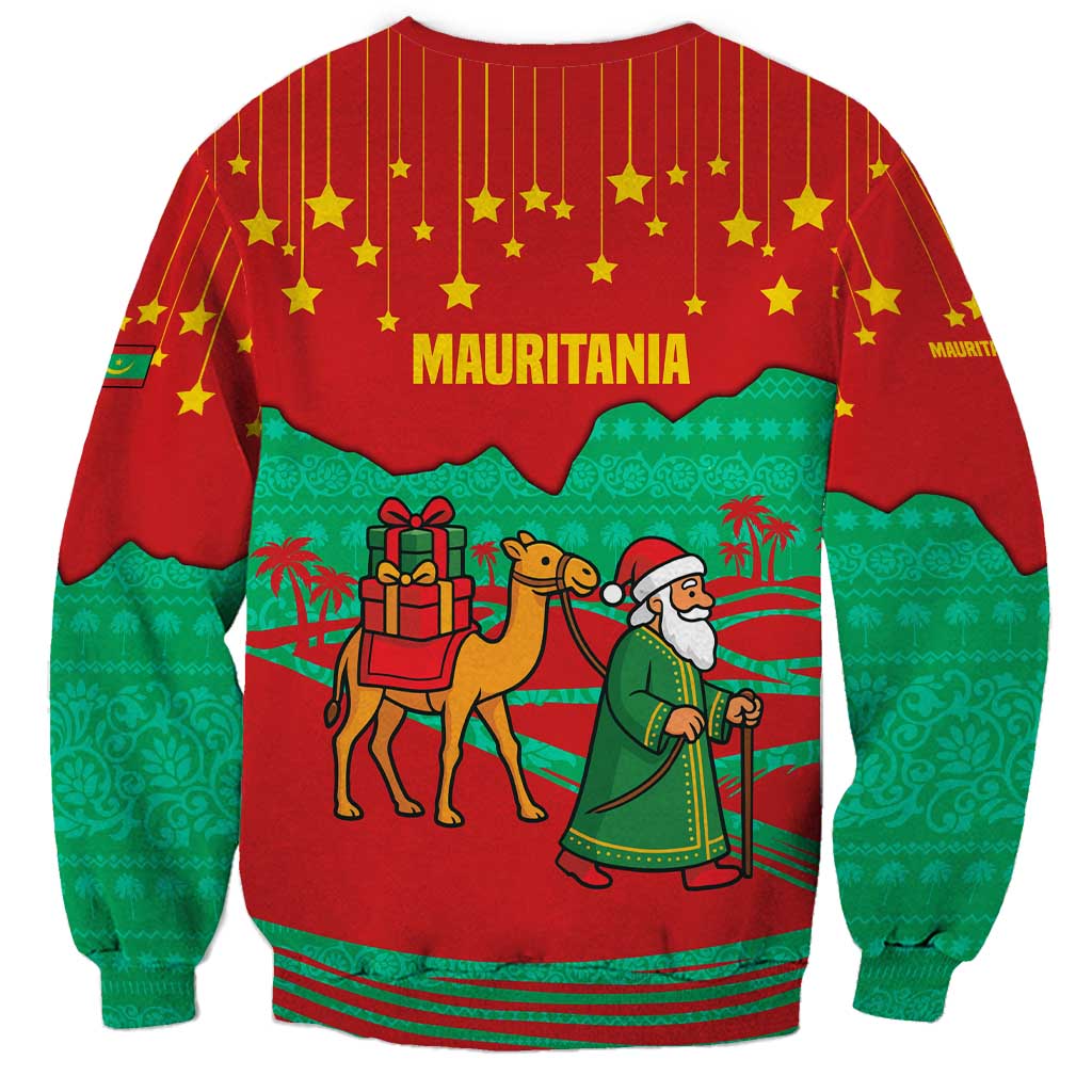 Mauritania Christmas Sweatshirt with Santa Claus Camel Gift Boxes Starry Sky and Desert Pattern Design - Wonder Print Shop