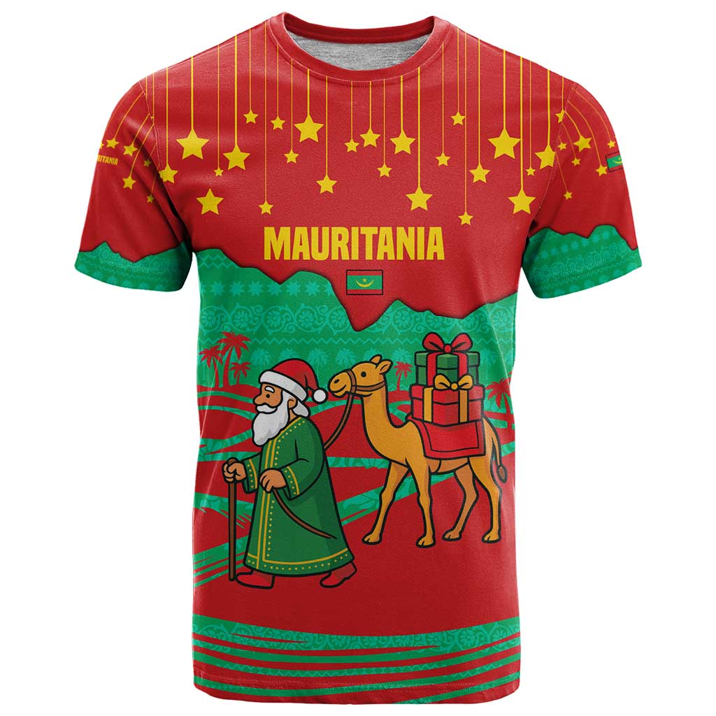 Mauritania Christmas T Shirt with Santa Claus Camel Gift Boxes Starry Sky and Desert Pattern Design - Wonder Print Shop