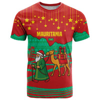 Mauritania Christmas T Shirt with Santa Claus Camel Gift Boxes Starry Sky and Desert Pattern Design - Wonder Print Shop